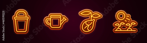 Set line Bucket, Watering can, Sprout and Plant sprouts grow the sun. Glowing neon icon. Vector