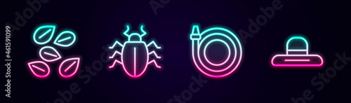 Set line Seeds of specific plant, Colorado beetle, Garden hose and Farmer worker hat. Glowing neon icon. Vector
