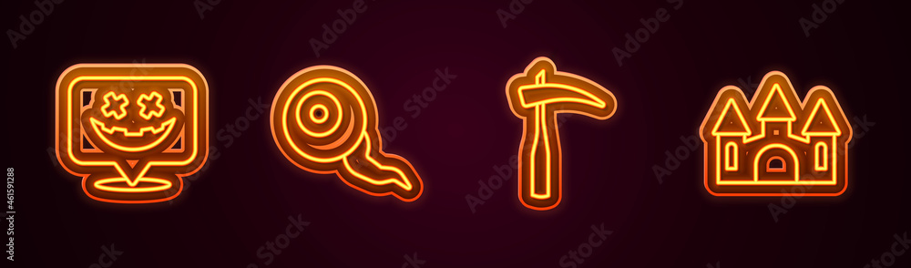 Set line Happy Halloween holiday, Eye, Scythe and Castle. Glowing neon icon. Vector Set line Happy Halloween holiday, Eye, Scythe and Castle. Glowing neon icon. Vector