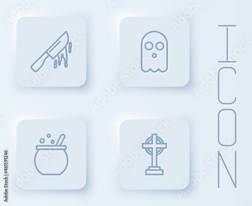 Set line Bloody knife, Ghost, Halloween witch cauldron and Tombstone with cross. White square button. Vector