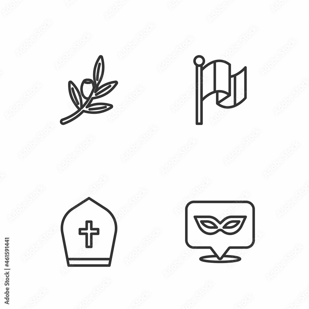 Set line Carnival mask, Pope hat, Olives branch and Flag Italy icon. Vector Set line Carnival mask, Pope hat, Olives branch and Flag Italy icon. Vector