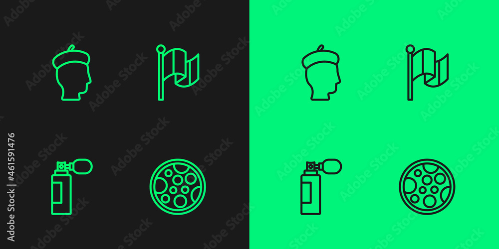 Fototapeta premium Set line Pizza, Perfume, French man and Flag Italy icon. Vector