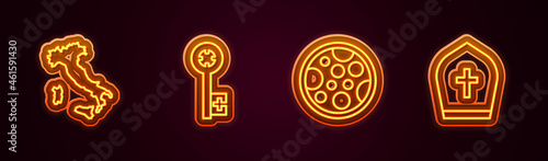 Set line Map of Italy, Old key, Pizza and Pope hat. Glowing neon icon. Vector