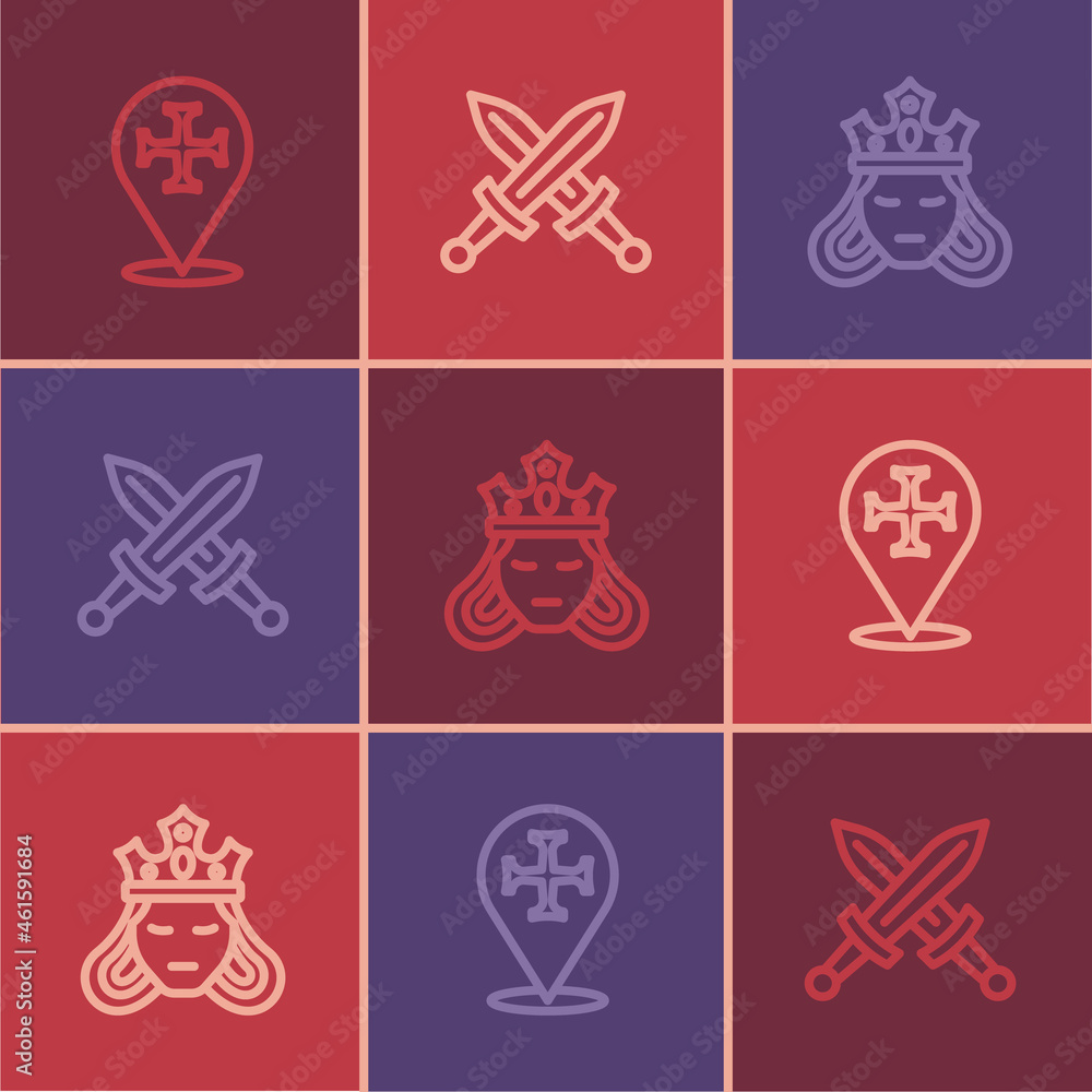 Fototapeta premium Set line Crusade, Princess or queen and Crossed medieval sword icon. Vector
