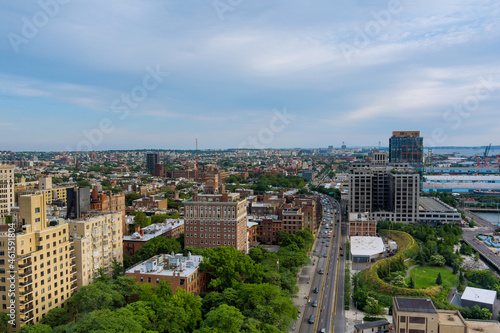 Panoramic view of New York City of landscape skyline buildings in the Brooklyn downtown
