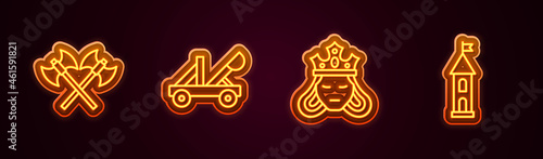 Set line Crossed medieval axes, Medieval catapult, Princess or queen and Castle tower. Glowing neon icon. Vector
