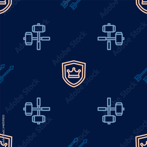 Set line Medieval arrows, Crossed battle hammers and Shield with crown on seamless pattern. Vector