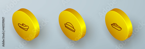 Set Isometric line Inflatable boat with motor, Sailor hat and Speedboat icon. Vector