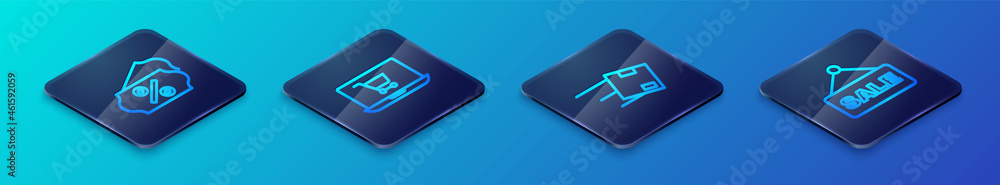 Set Isometric line Location with cardboard box, Discount percent tag, Hanging sign text Sale and Shopping cart screen laptop icon. Vector Set Isometric line Location with cardboard box, Discount percent tag, Hanging sign text Sale and Shopping cart screen laptop icon. Vector