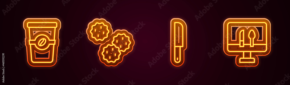 Fototapeta premium Set line Coffee cup to go, Cookie or biscuit, Knife and Online ordering food. Glowing neon icon. Vector