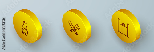 Set Isometric line Sauce bottle, Crossed knife and fork and Online ordering food icon. Vector