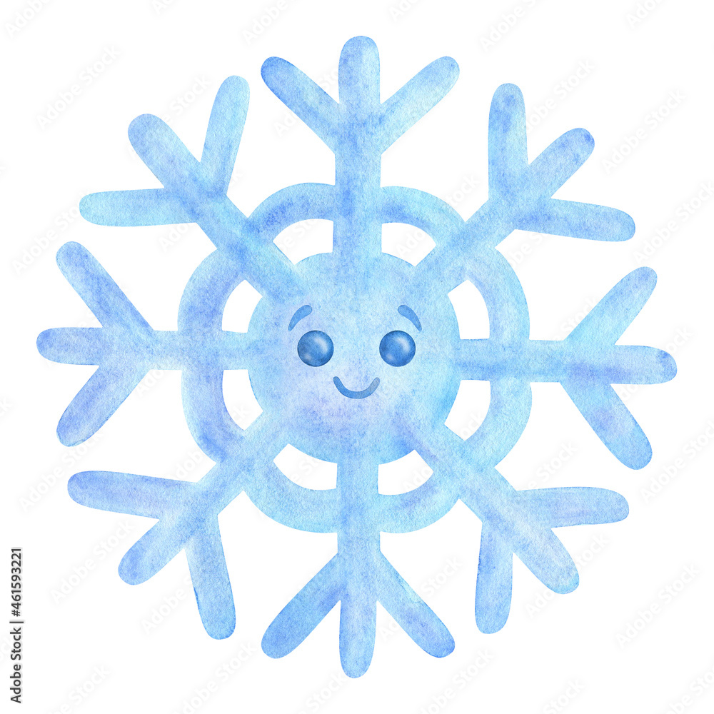 A blue snowflake with cute eyes. Watercolor illustration of a snowy flake.  Hand drawn drawing isolated on a white background. Winter cartoon  character, carved shape for sticker, design, print Stock Illustration |