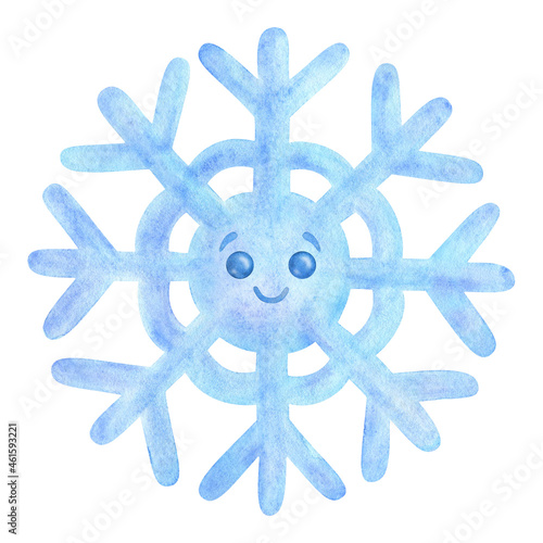 A blue snowflake with cute eyes. Watercolor illustration of a snowy flake. Hand drawn drawing isolated on a white background. Winter cartoon character, carved shape for sticker, design, print