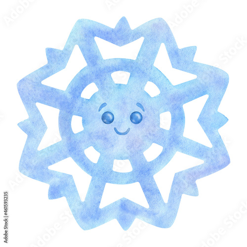 A blue snowflake with cute eyes. Watercolor illustration of a snowy flake. Hand drawn drawing isolated on a white background. Winter cartoon character, carved shape for sticker, design, print