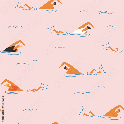People swimming in the ocean seamless pattern. Summertime travel illustration. Vector illustration