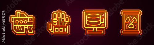 Set line Futuristic weapon, Mechanical robot hand, Cloud database and Radioactive waste in barrel. Glowing neon icon. Vector