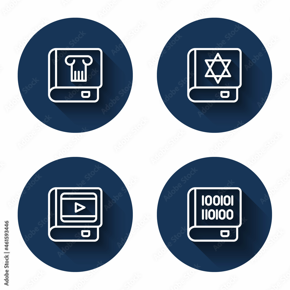 Set line History book, Jewish torah, Book about cinema and Books programming with long shadow. Blue circle button. Vector Set line History book, Jewish torah, Book about cinema and Books programming with long shadow. Blue circle button. Vector