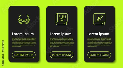 Set line Glasses, Phone book and Book about weapon. Business infographic template. Vector