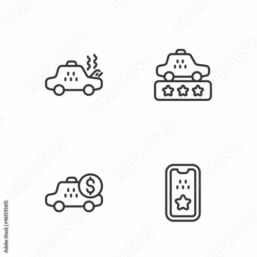 Set line Taxi mobile app, Taximeter device, Broken taxi car and service rating icon. Vector