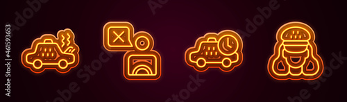 Set line Broken taxi car, Taxi driver, waiting time and . Glowing neon icon. Vector