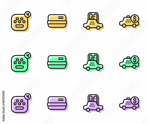 Set line Taxi mobile app, Credit card and Taximeter device icon. Vector