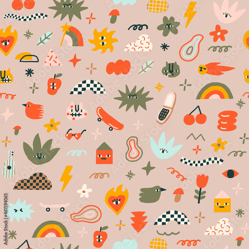 Funny and joyful contemporary pattern with animals, trippy characters and raw shape objects. Vector illustration