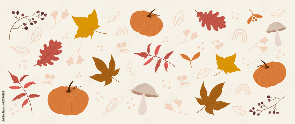 Cute autumn background vector. Autumn shopping event illustration wallpaper with hand drawn icons set. This design good for banner, sale poster, packaging background and greeting c