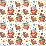 Santa Claus with an elf, a deer and gifts on a white background. new Year's seamless pattern. Children's Christmas character, animal, stars. Bright watercolor for festive fabric, paper, textiles