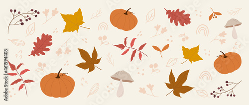 Cute autumn background vector. Autumn shopping event illustration wallpaper with hand drawn icons set. This design good for banner, sale poster, packaging background and greeting c