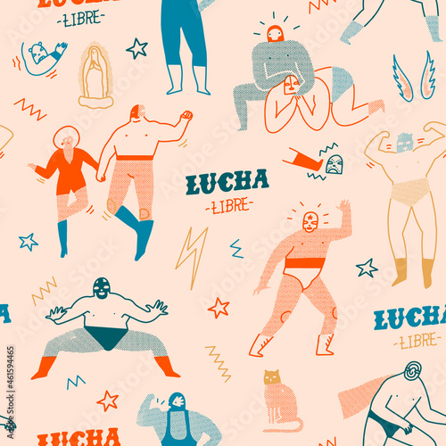 Lucha libre mexican traditional wrestling fights show seamless pattern. Vector illustration