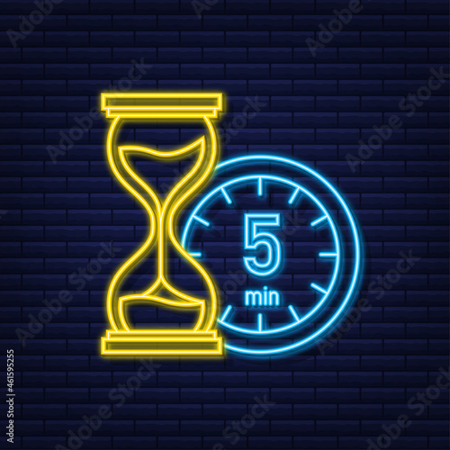 The 5 minutes, stopwatch vector neon icon. Stopwatch icon in flat style, timer on on color background. Vector illustration