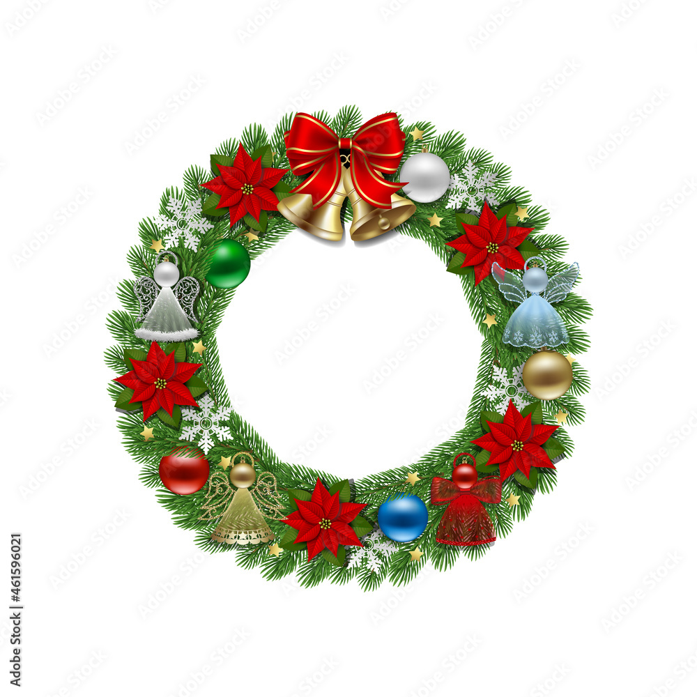 christmas wreath with red bow, gold bells and decorations vector de Stock |  Adobe Stock