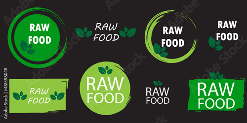 Raw food emblems set. Black backdrop. Fresh healthy eat. Organic product logo. Vector illustration. Stock image.
