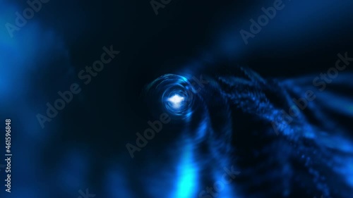 Abstract Loop dark blue dots mesh digital futuristic glowing flying lines motion and illuminated light digital effect in tunnel. Futuristic neon background, ultra violet glowing lines, laser rays, spe photo