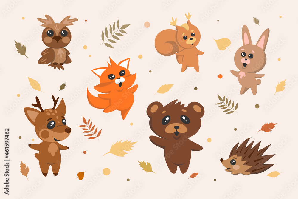 Naklejka premium A collection of cute, forest animals and leaves. Squirrel,hare,hedgehog,bear, owl, deer, fox. vector graphics, for web design, products, book illustrations, to create an autumn or forest mood.