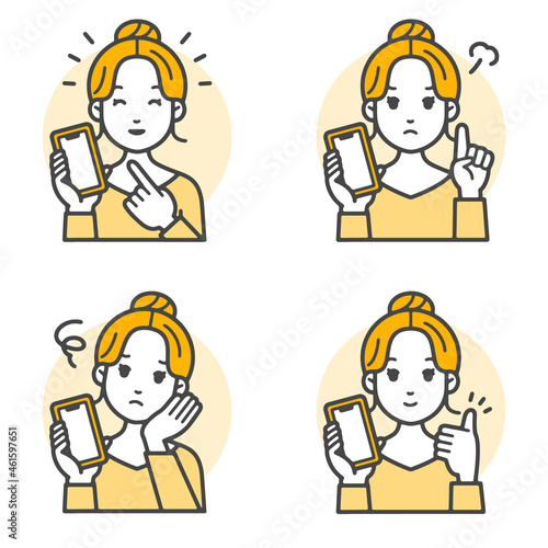 スマホを持って案内するシンプルなベクターイラストの若い女性の喜怒哀楽感情
