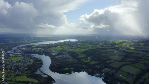 Killaloe, County Clare, Ireland, September 2021. Drone slowly tracks parallel to the town while looking south from Carrowgar Bay.