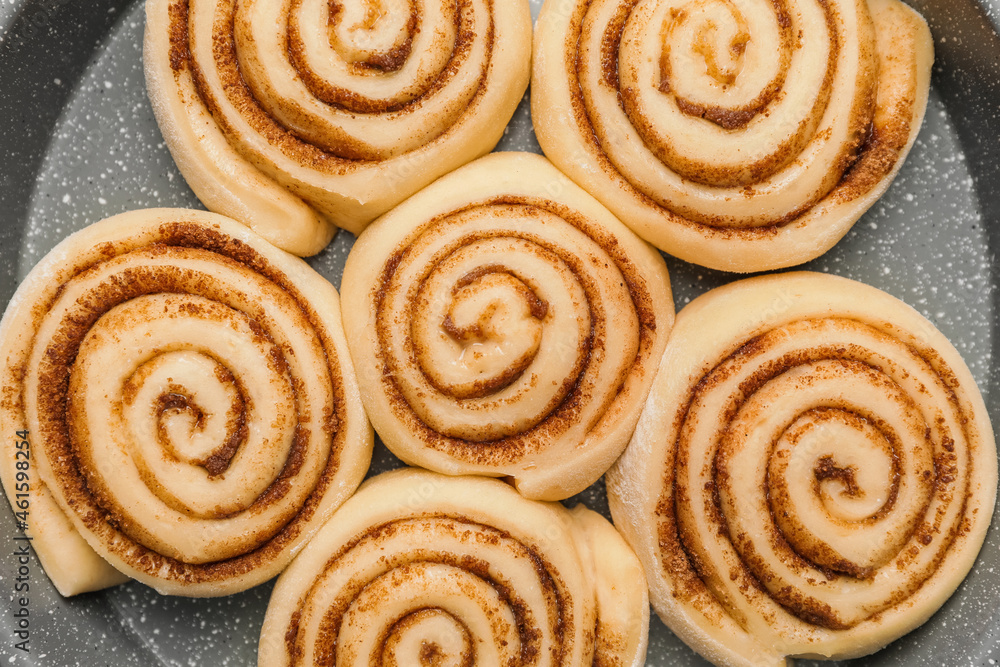 Fototapeta premium Baking dish with uncooked cinnamon rolls, top view