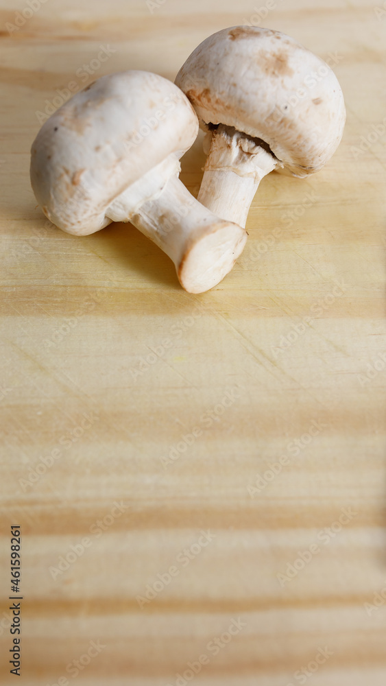 White mushrooms on wooden board. Copy space for text. Backgrounds. White mushrooms on wooden board. Copy space for text. Backgrounds.