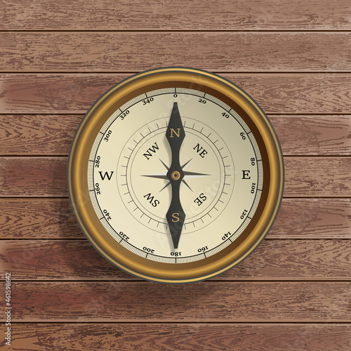 realistic vector illustration compass with wood background