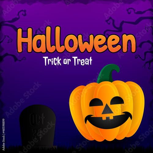 Happy Halloween background banner with night view  pumpkins and tombstone. Vector illustration with paper cut style and can editable