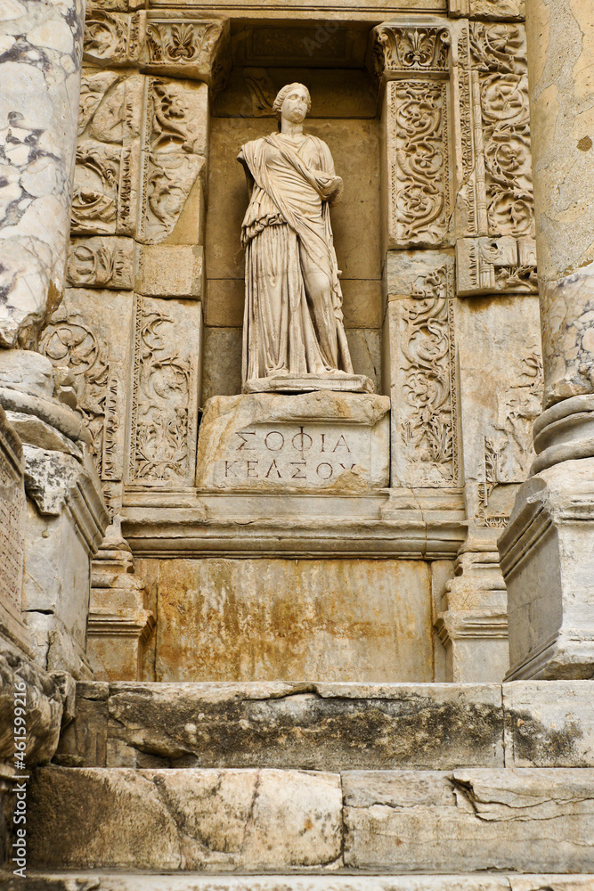 A marble statue of Sophia (Wisdom) stands in a niche of the ruined Roman facade of the Library of Celsus, Ephesus, Turkey