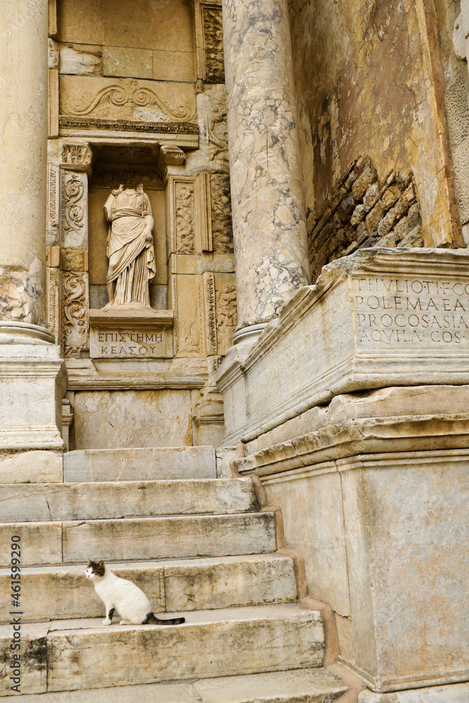 A marble statue of Episteme (Knowledge) stands in a niche of the ruined Roman facade of the Library of Celsus, Ephesus, Turkey