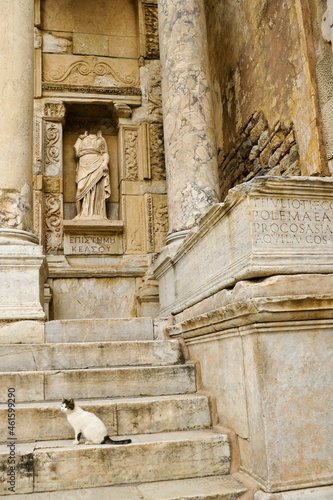 A marble statue of Episteme (Knowledge) stands in a niche of the ruined Roman facade of the Library of Celsus, Ephesus, Turkey photo