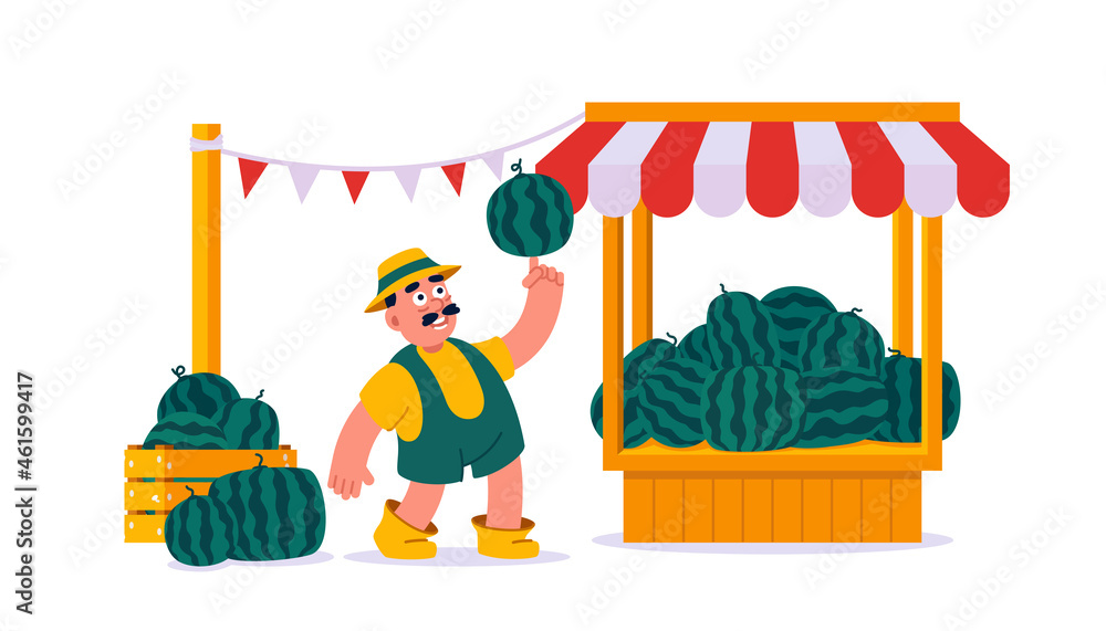 Man farmer sells watermelons at outdoor market stall. Flat cartoon vector  illustration isolated on white background Stock Vector | Adobe Stock