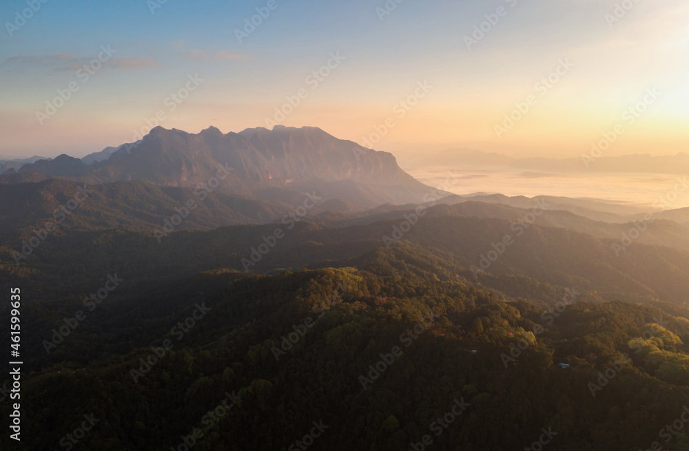 Fototapeta premium Aerial View of Doi Luang Chiang Dao Mountains in the morning and the sea of mist, Doi Mae Taman, San Pa Kia. Chiang Mai Province, Thailand. Camping.