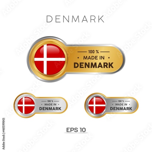 Made in Denmark Label, Stamp, Badge, or Logo. With The National Flag of Denmark. On platinum, gold, and silver colors. Premium and Luxury Emblem