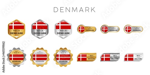 Made in Denmark Label, Stamp, Badge, or Logo. With The National Flag of Denmark. On platinum, gold, and silver colors. Premium and Luxury Emblem