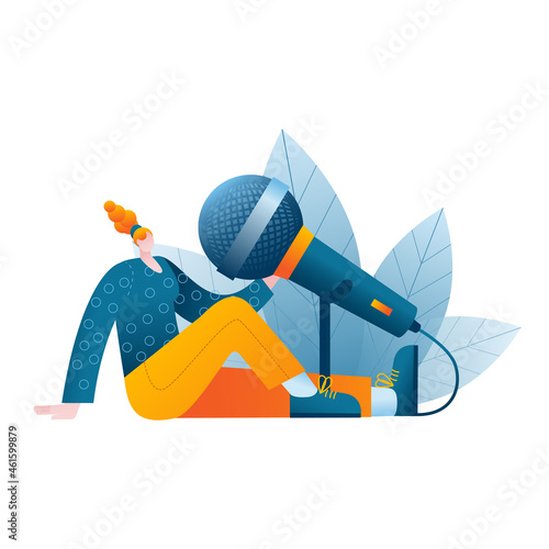The girl speaks into a large microphone. A metaphor on the topic of a podcast. Vector illustration in a flat style.