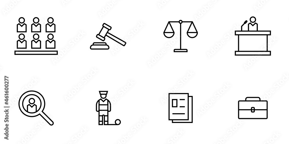 Conjunto de icono de ley y juicio. Concepto de justicia. Ilustración vectorial, estilo línea negro
